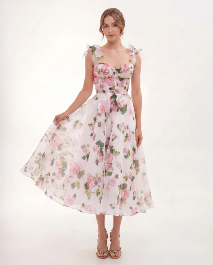 Midi Jurk Dames Bloemenprint Organza Hartvormig Lijfje