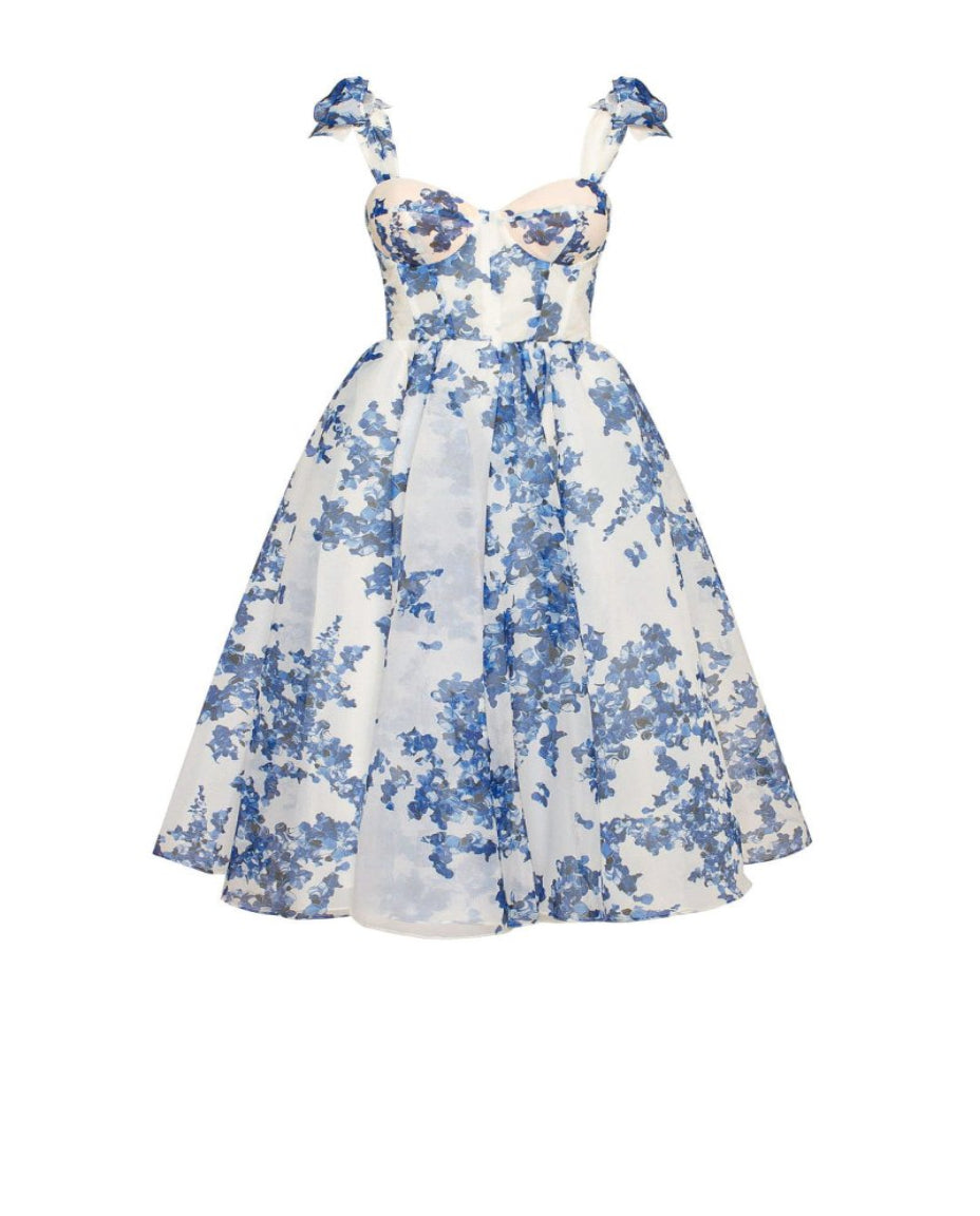 Midi Jurk Dames Bloemenprint Organza Hartvormig Lijfje
