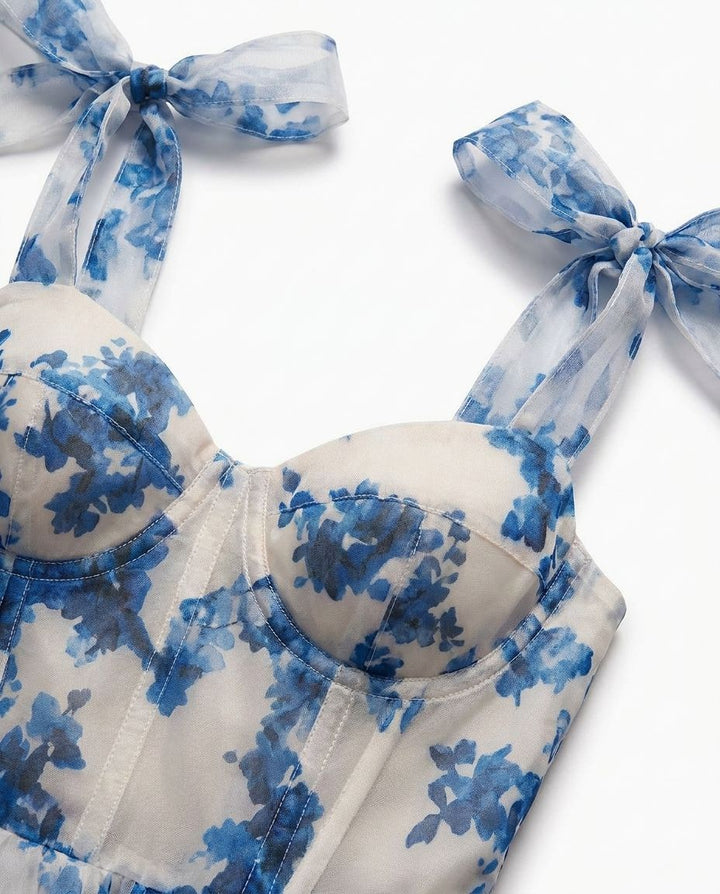 Midi Jurk Dames Bloemenprint Organza Hartvormig Lijfje