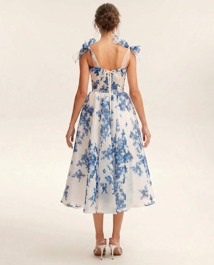 Midi Jurk Dames Bloemenprint Organza Hartvormig Lijfje