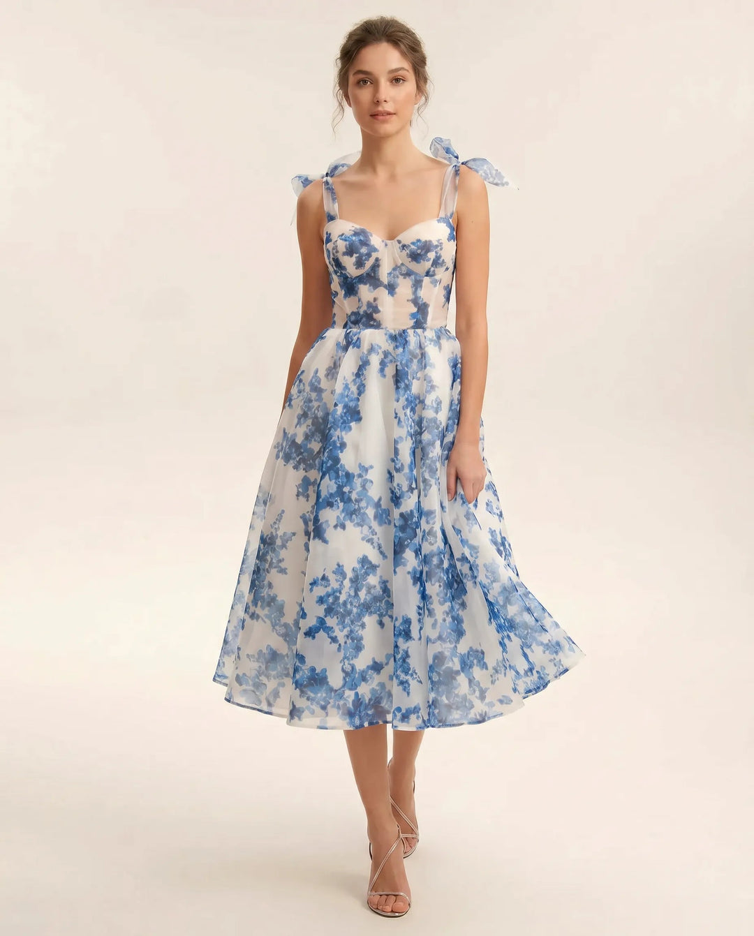 Midi Jurk Dames Bloemenprint Organza Hartvormig Lijfje