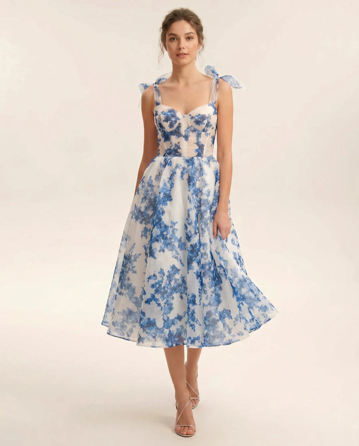 Midi Jurk Dames Bloemenprint Organza Hartvormig Lijfje
