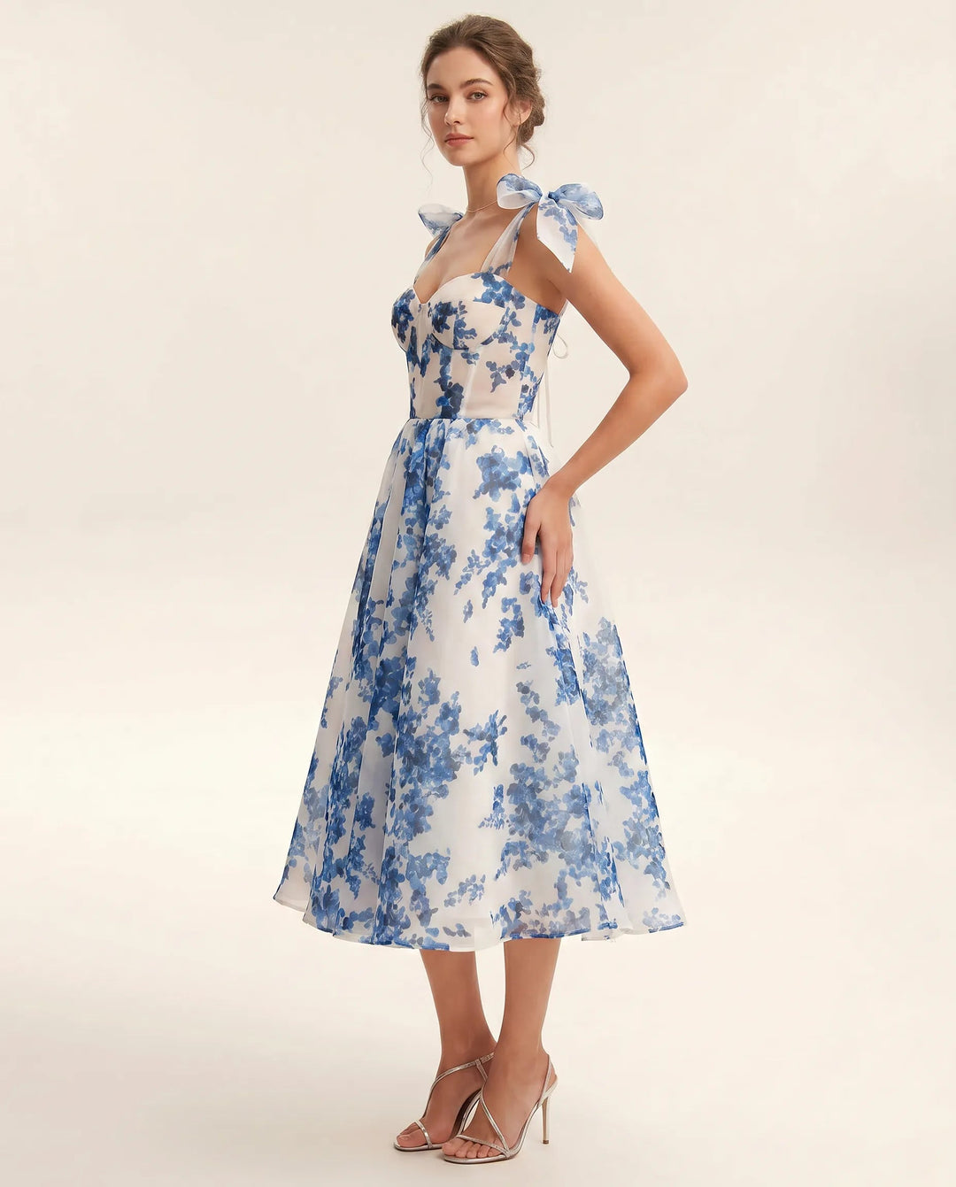 Midi Jurk Dames Bloemenprint Organza Hartvormig Lijfje