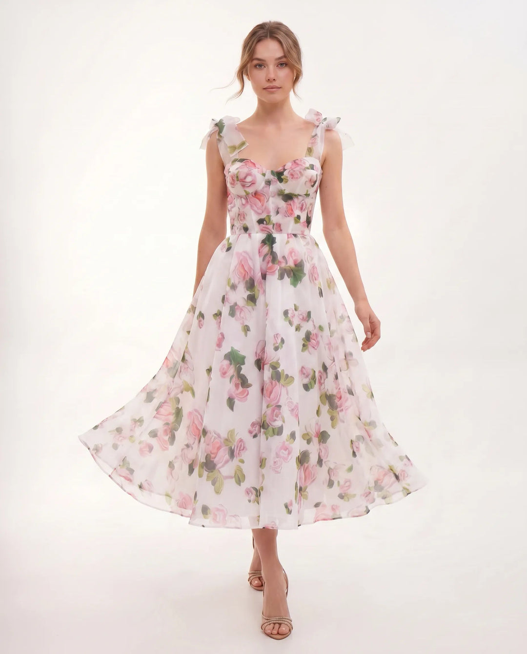 Midi Jurk Dames Bloemenprint Organza Hartvormig Lijfje