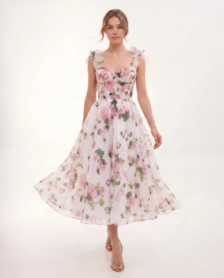 Midi Jurk Dames Bloemenprint Organza Hartvormig Lijfje