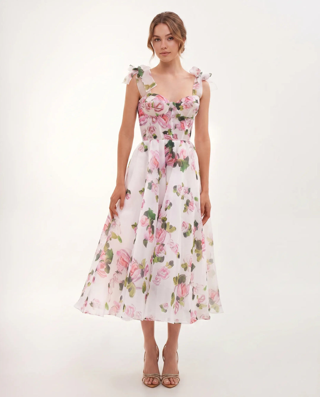 Midi Jurk Dames Bloemenprint Organza Hartvormig Lijfje