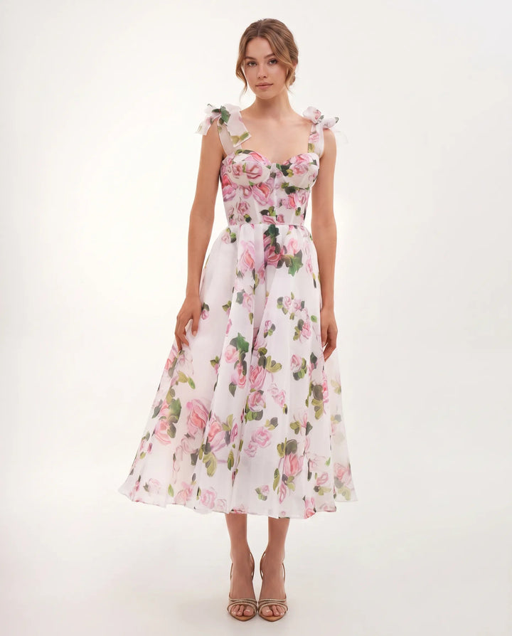 Midi Jurk Dames Bloemenprint Organza Hartvormig Lijfje