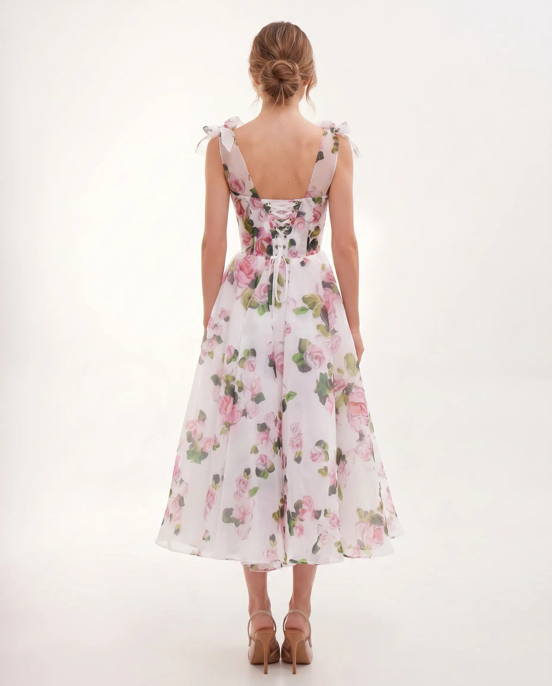 Midi Jurk Dames Bloemenprint Organza Hartvormig Lijfje