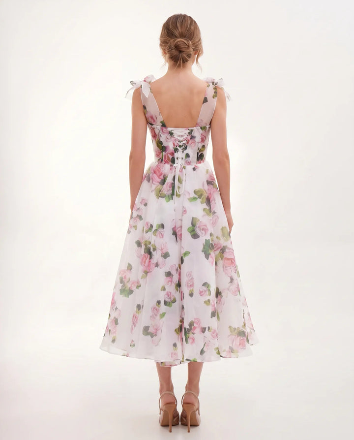 Midi Jurk Dames Bloemenprint Organza Hartvormig Lijfje
