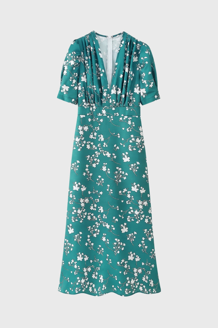 Midi Jurk Dames Bloemenprint V-hals Korte Mouwen Getailleerd