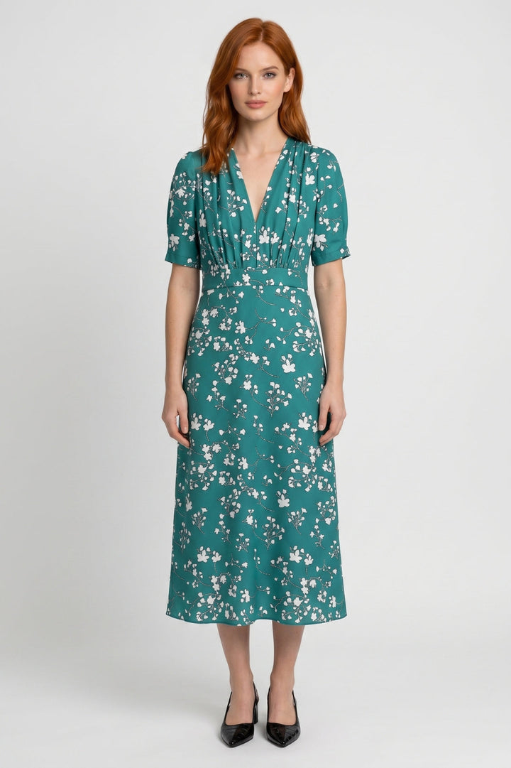 Midi Jurk Dames Bloemenprint V-hals Korte Mouwen Getailleerd