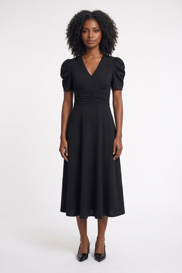 Midi Jurk Dames Getailleerd V-hals Pofmouwen Elastische Taille