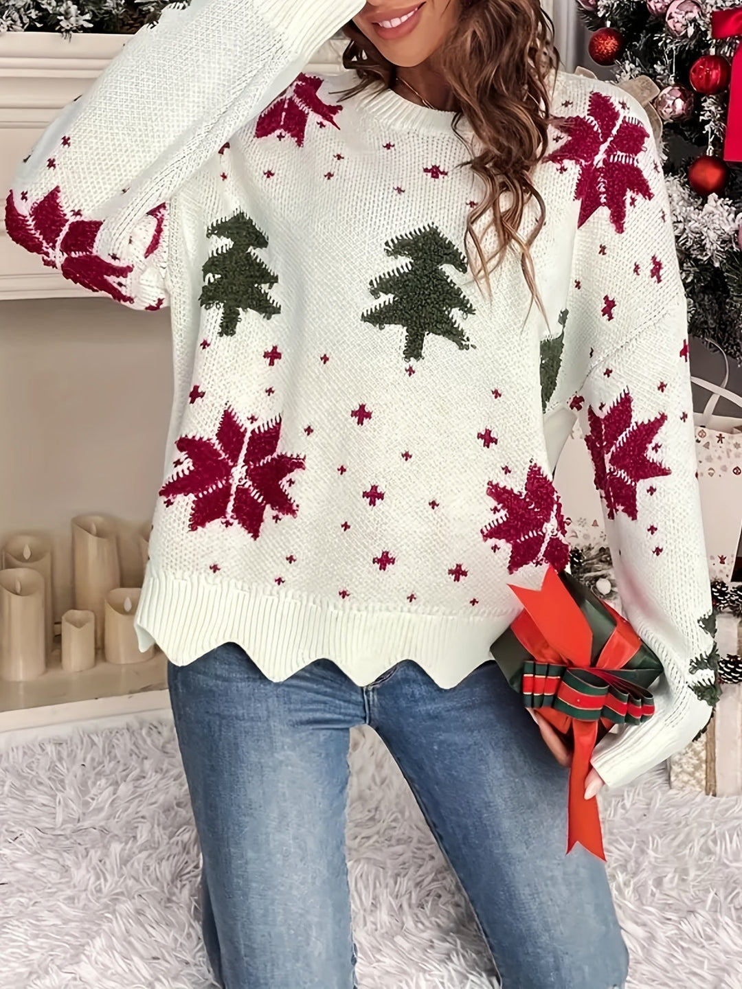 Nina | Casual kerstboompatroon pullover met ronde hals en lange mouwen