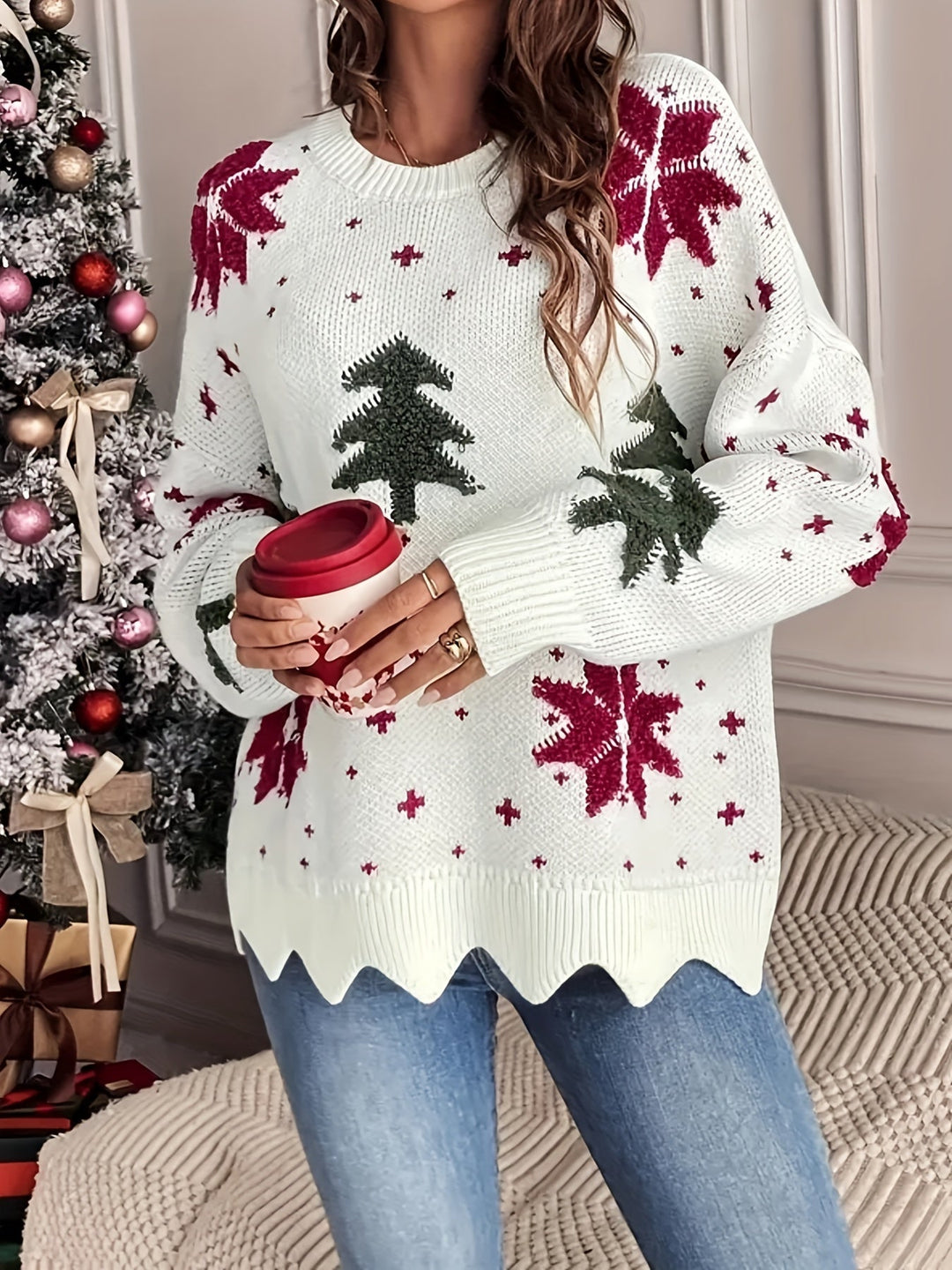 Nina | Casual kerstboompatroon pullover met ronde hals en lange mouwen