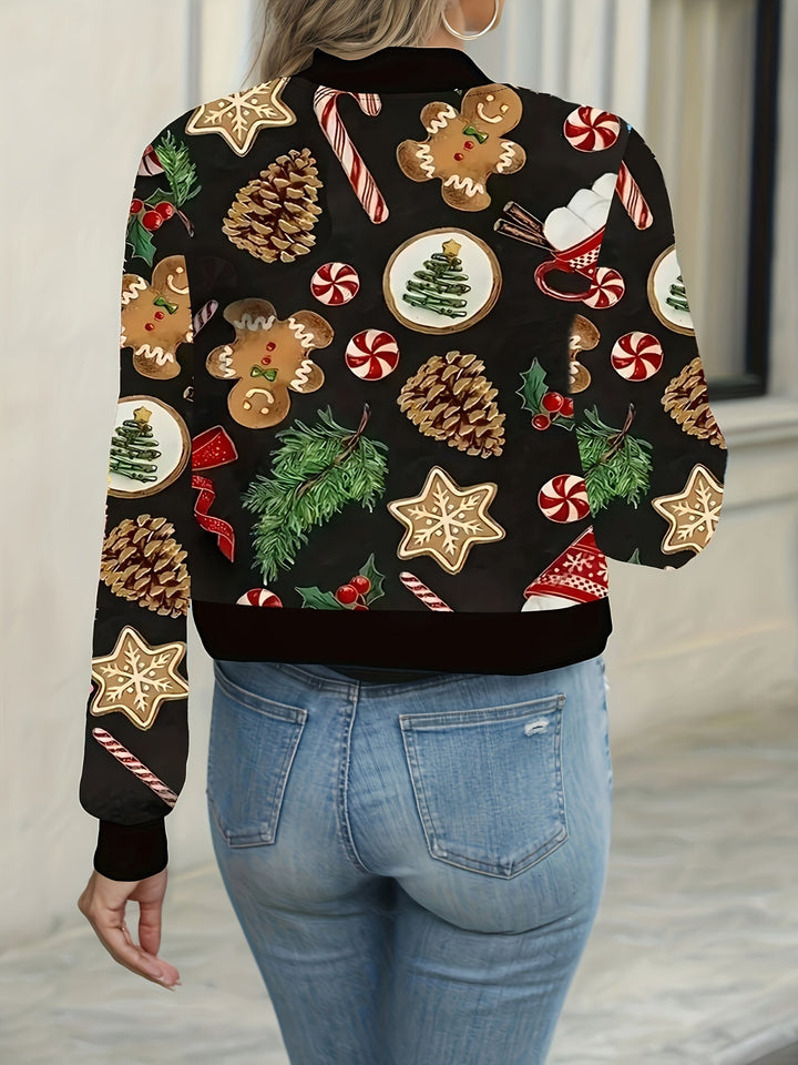 Nina | Casual kerstprint bomberjack met lange mouw en rits