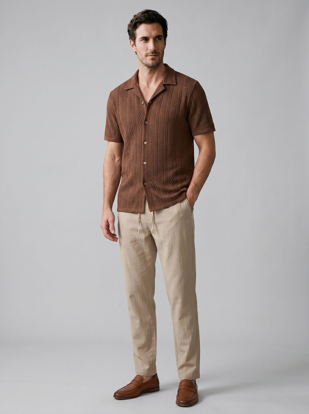 Open-Knit Shirt Trousers Set Heren Zomer Casual