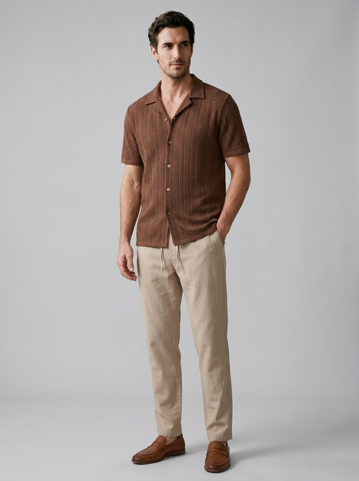 Open-Knit Shirt Trousers Set Heren Zomer Casual