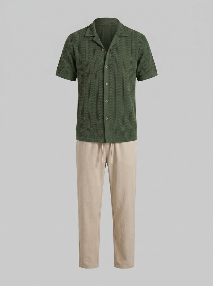 Open-Knit Shirt Trousers Set Heren Zomer Casual