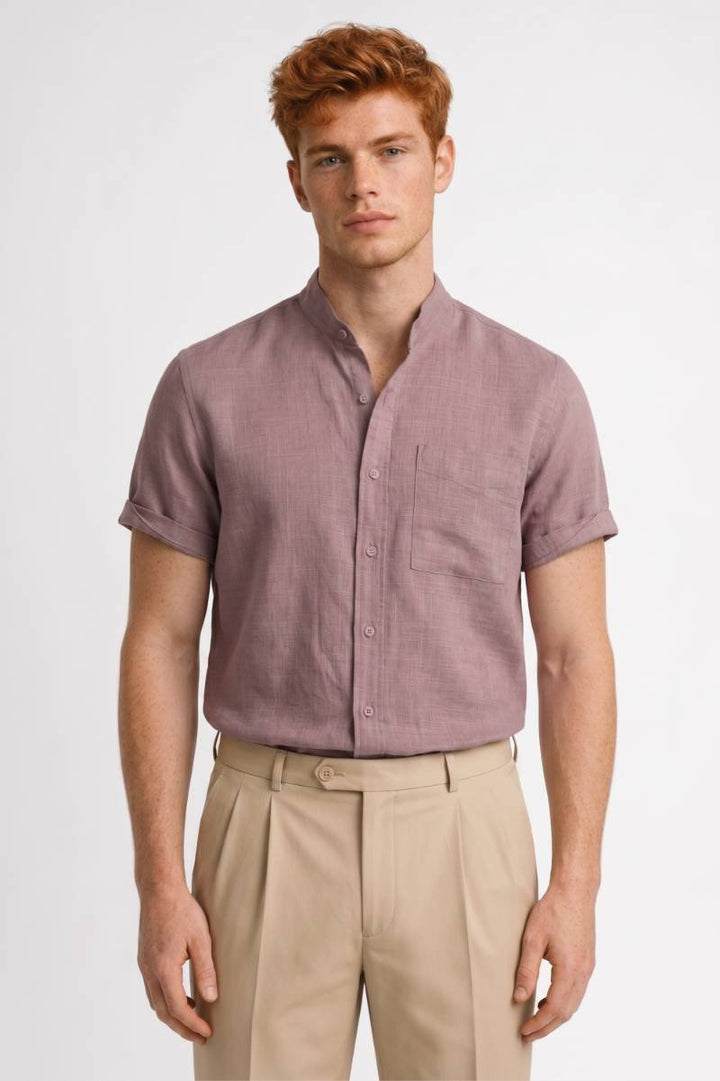 Overhemd Heren - Korte Mouw met Opstaande Kraag | Casual