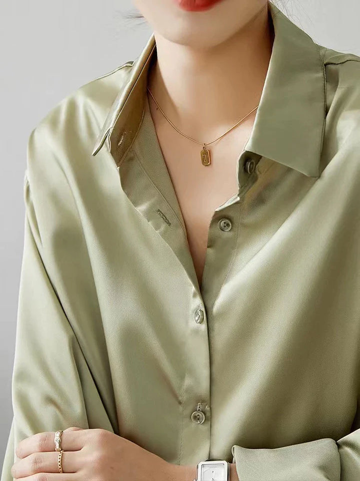 Elegante Satijnen Blouse Lange Mouw Met Kraag Voor Vrouwen