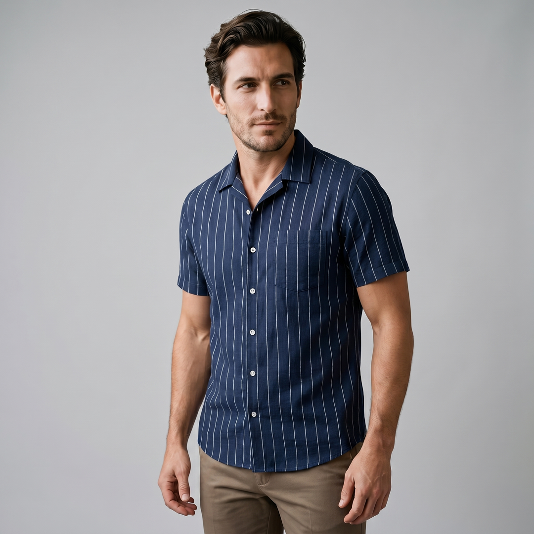 Pinstripe Camp Shirt Heren Korte Mouwen Casual Zomer
