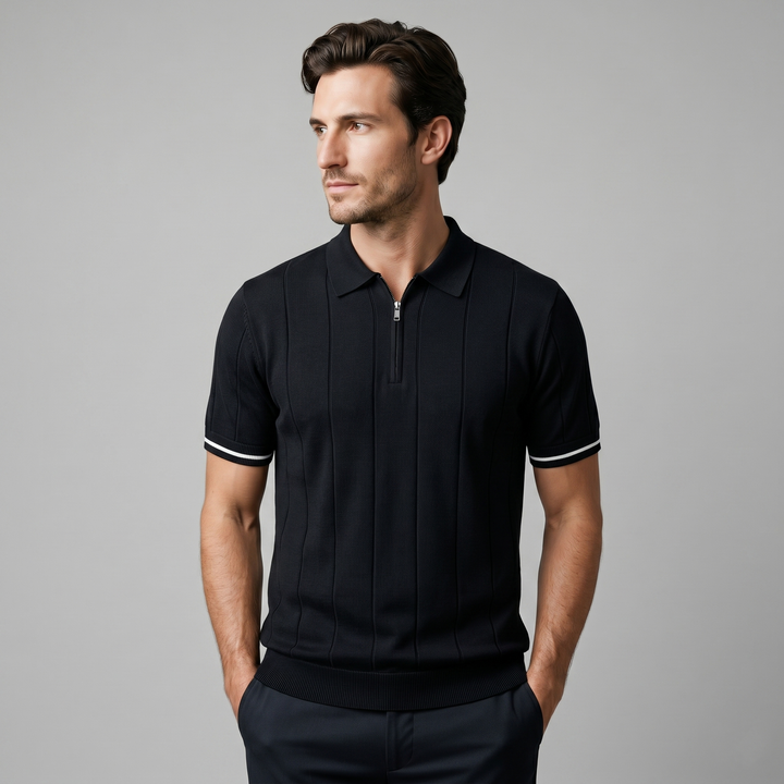 Poloshirt Heren Verticale Strepen Ritssluiting Casual