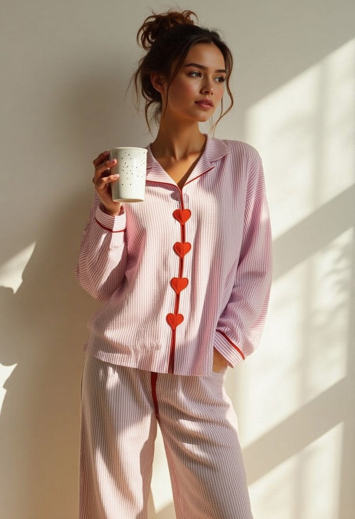 Pyjama Set Dames Tweedelig Hartjes Knoopjes Elastische Taille