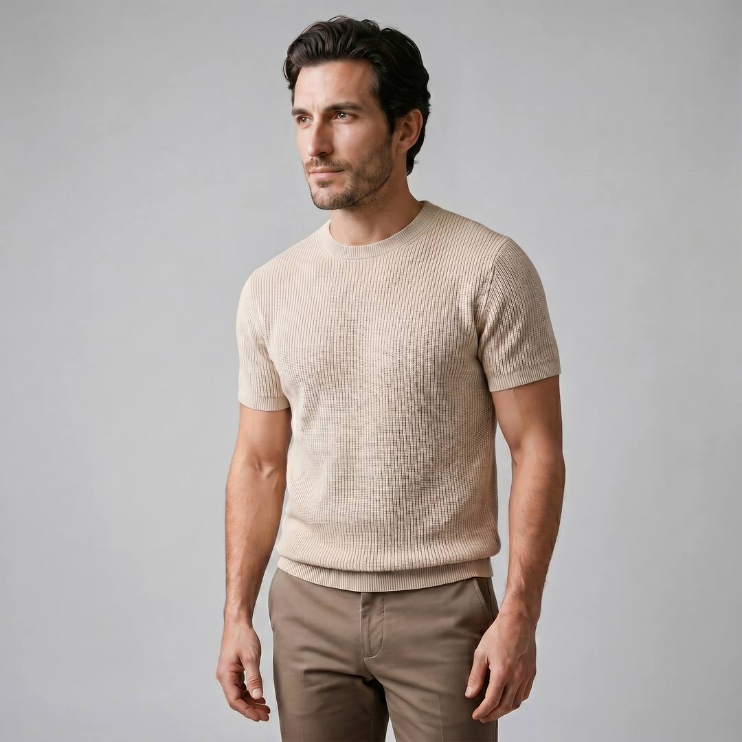 Ribbed Knit T-Shirt Heren Ronde Hals Casual
