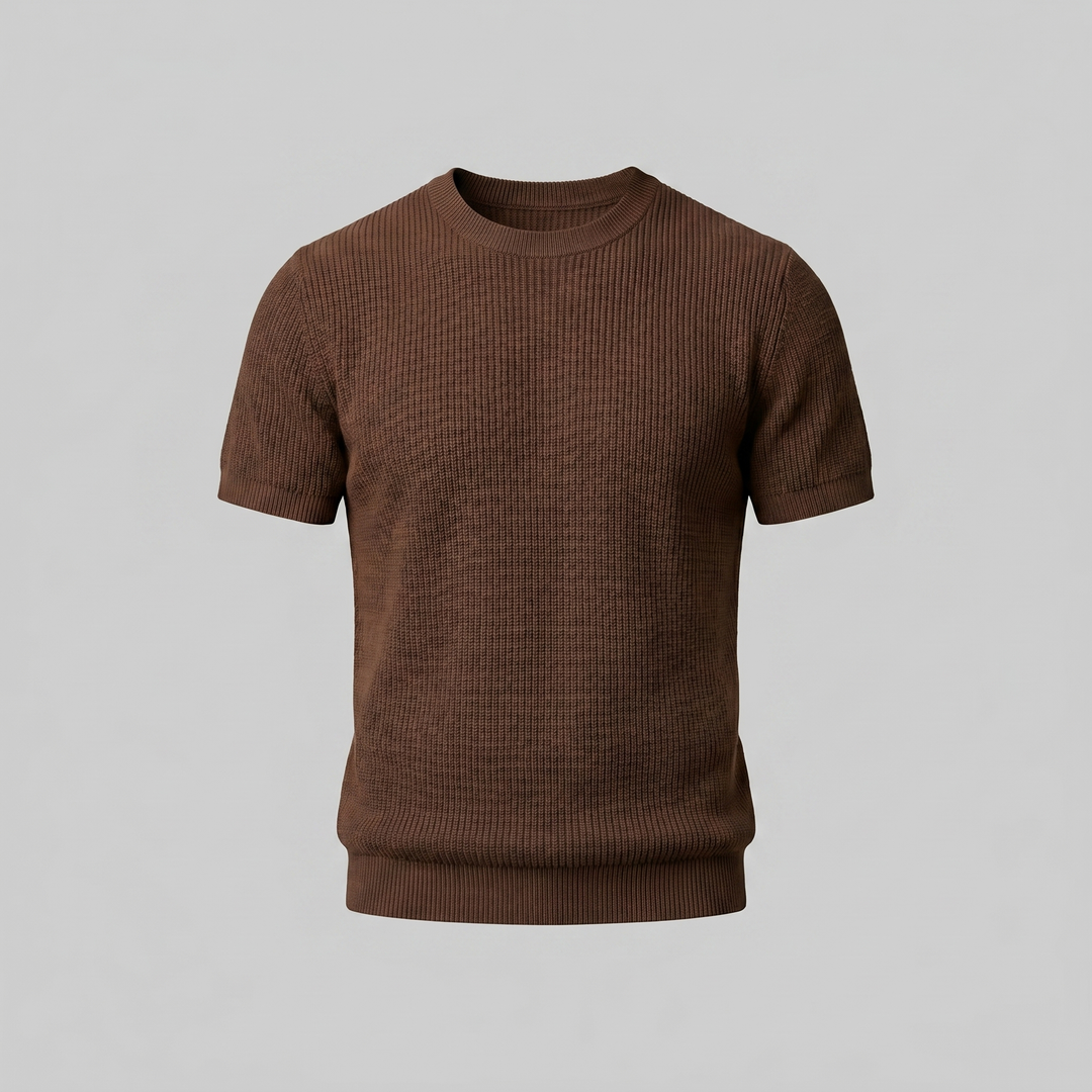 Ribbed Knit T-Shirt Heren Ronde Hals Casual