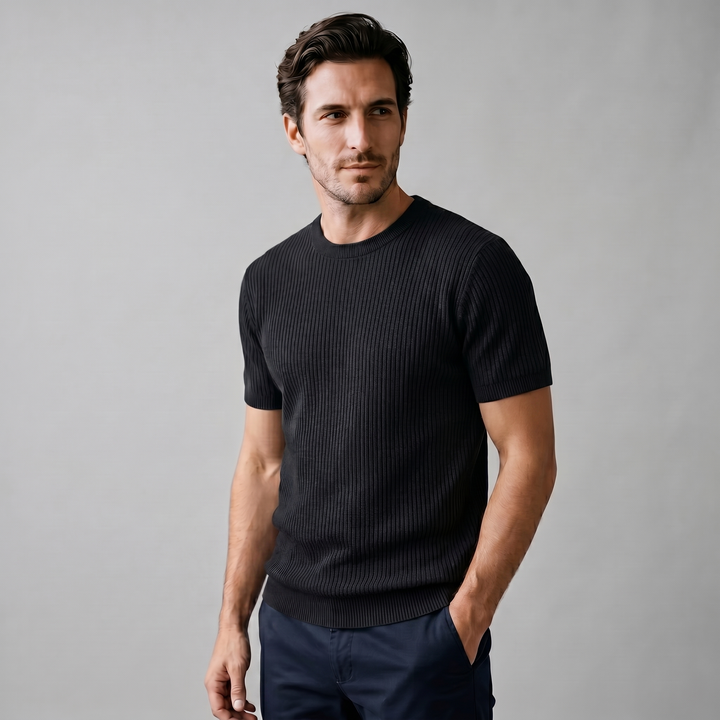 Ribbed Knit T-Shirt Heren Ronde Hals Casual