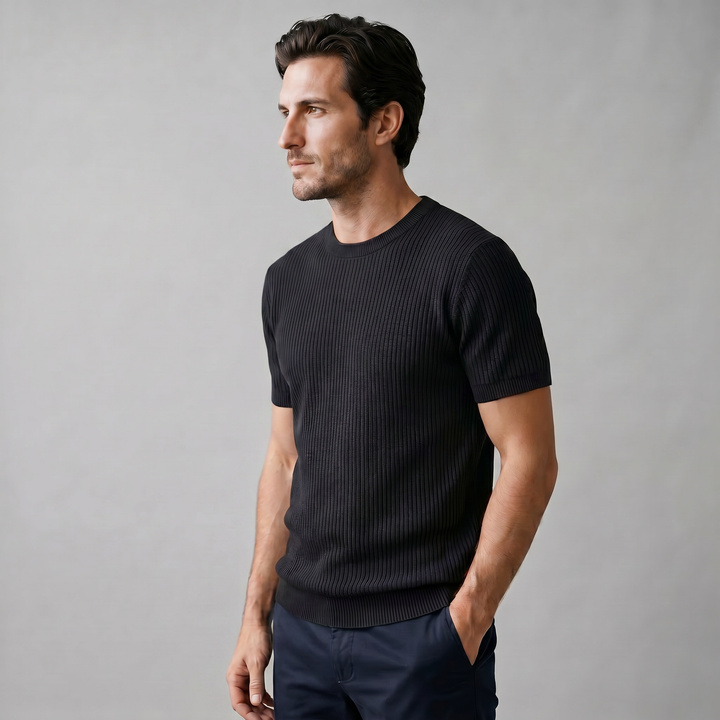 Ribbed Knit T-Shirt Heren Ronde Hals Casual
