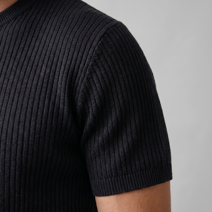 Ribbed Knit T-Shirt Heren Ronde Hals Casual