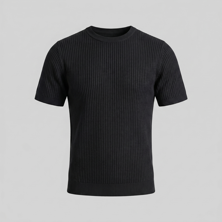 Ribbed Knit T-Shirt Heren Ronde Hals Casual