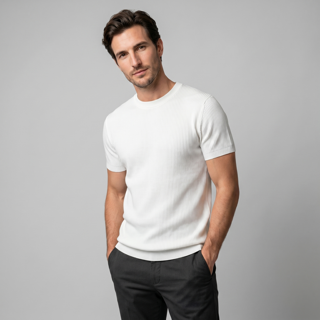 Ribbed Knit T-Shirt Heren Ronde Hals Casual