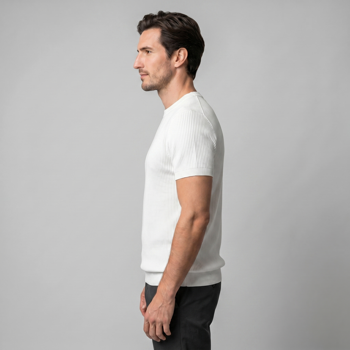 Ribbed Knit T-Shirt Heren Ronde Hals Casual