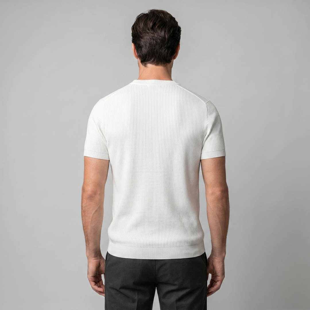 Ribbed Knit T-Shirt Heren Ronde Hals Casual