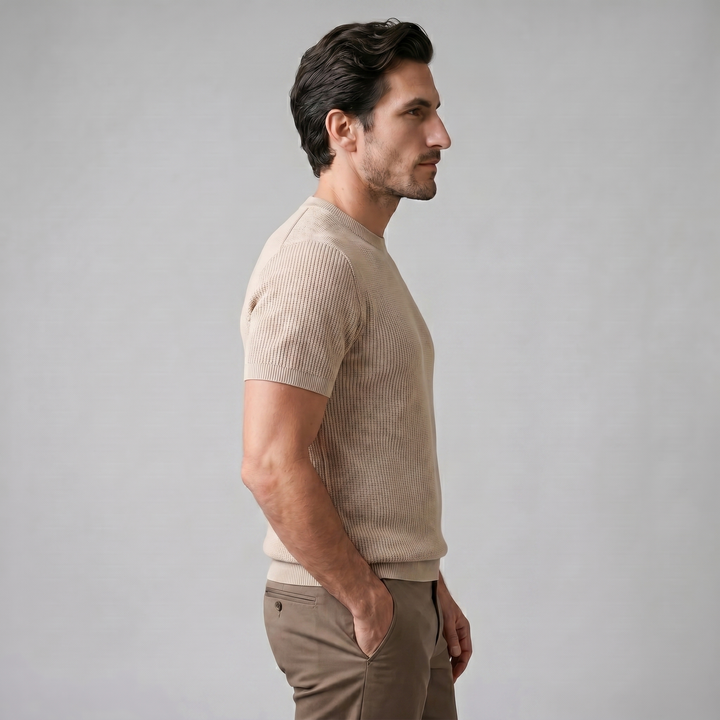 Ribbed Knit T-Shirt Heren Ronde Hals Casual