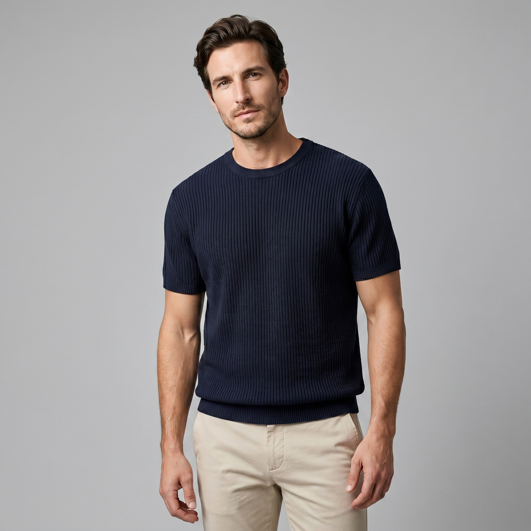 Ribbed Knit T-Shirt Heren Ronde Hals Casual