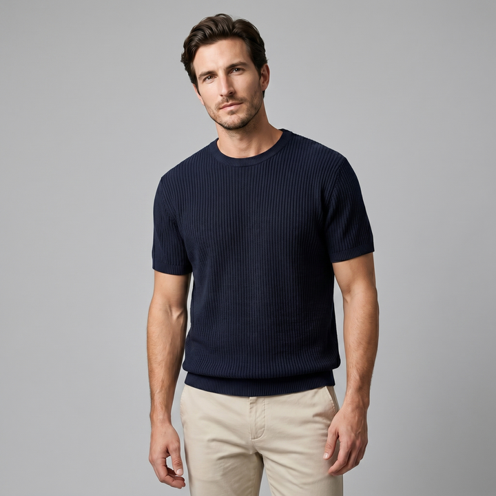 Ribbed Knit T-Shirt Heren Ronde Hals Casual