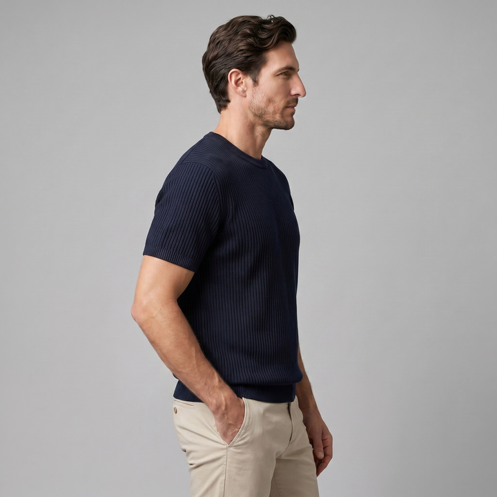 Ribbed Knit T-Shirt Heren Ronde Hals Casual