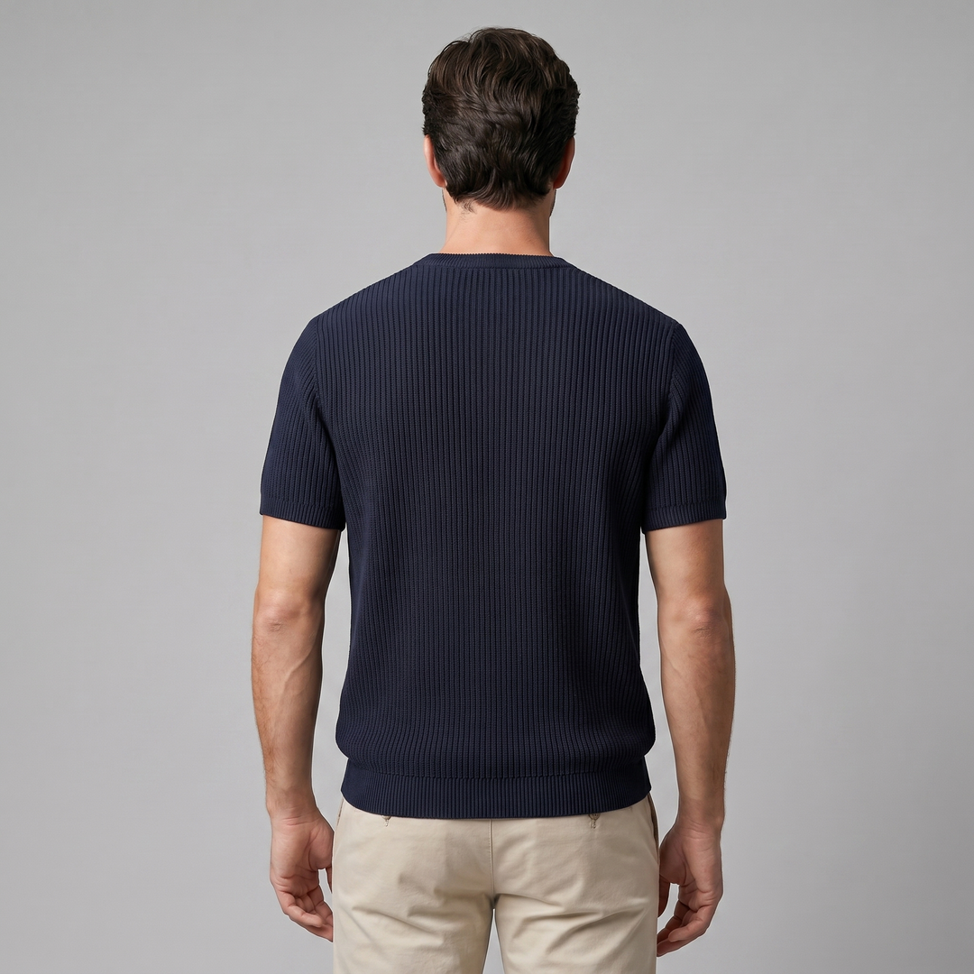 Ribbed Knit T-Shirt Heren Ronde Hals Casual