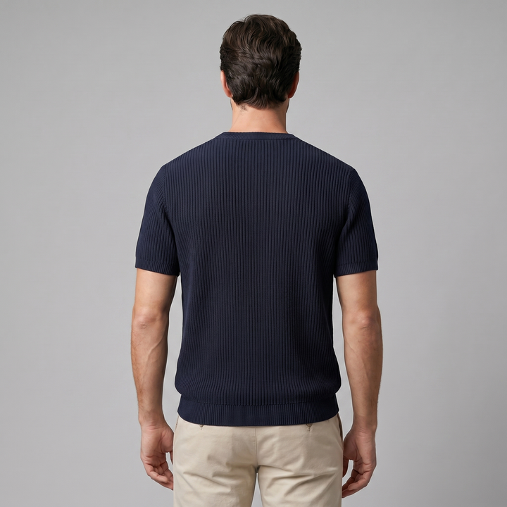 Ribbed Knit T-Shirt Heren Ronde Hals Casual