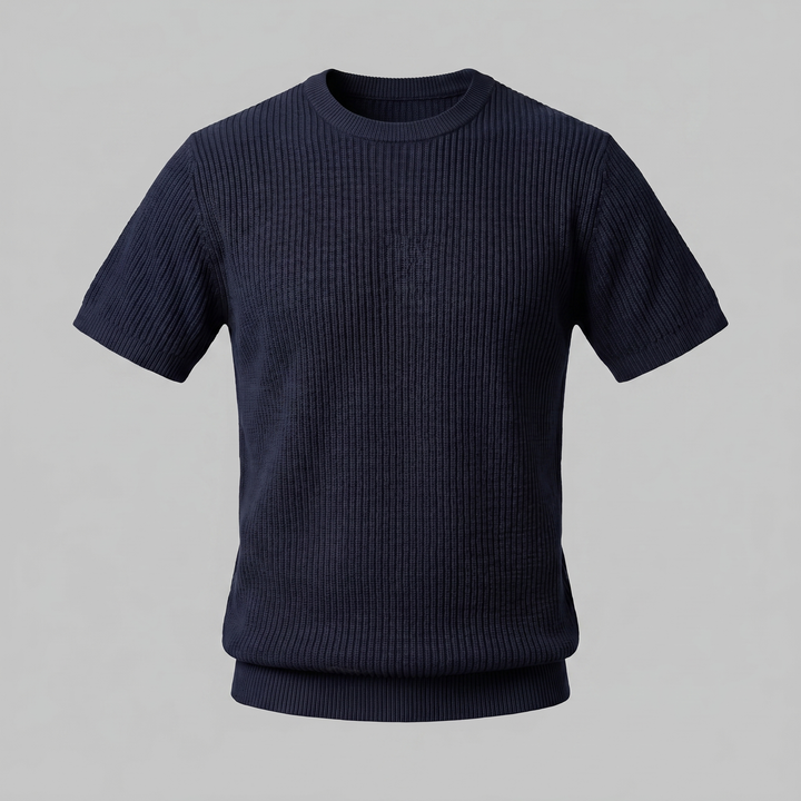 Ribbed Knit T-Shirt Heren Ronde Hals Casual