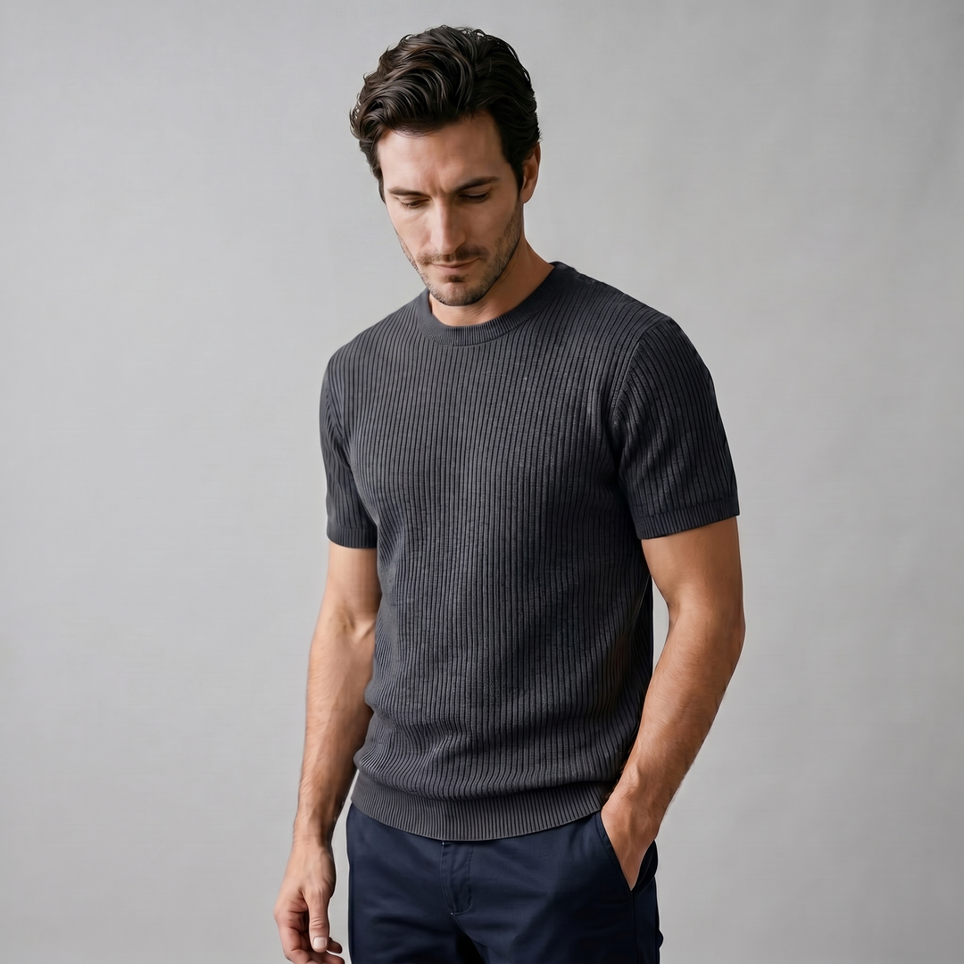 Ribbed Knit T-Shirt Heren Ronde Hals Casual