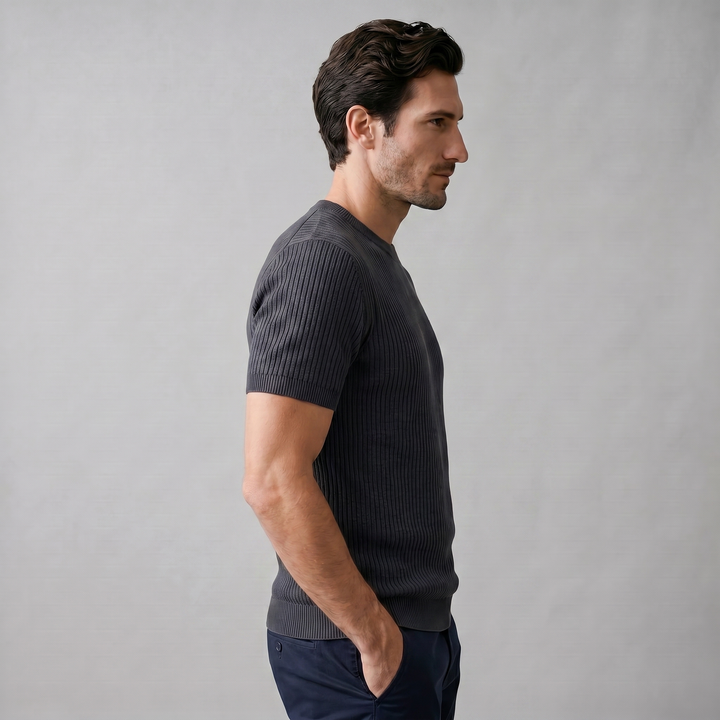 Ribbed Knit T-Shirt Heren Ronde Hals Casual
