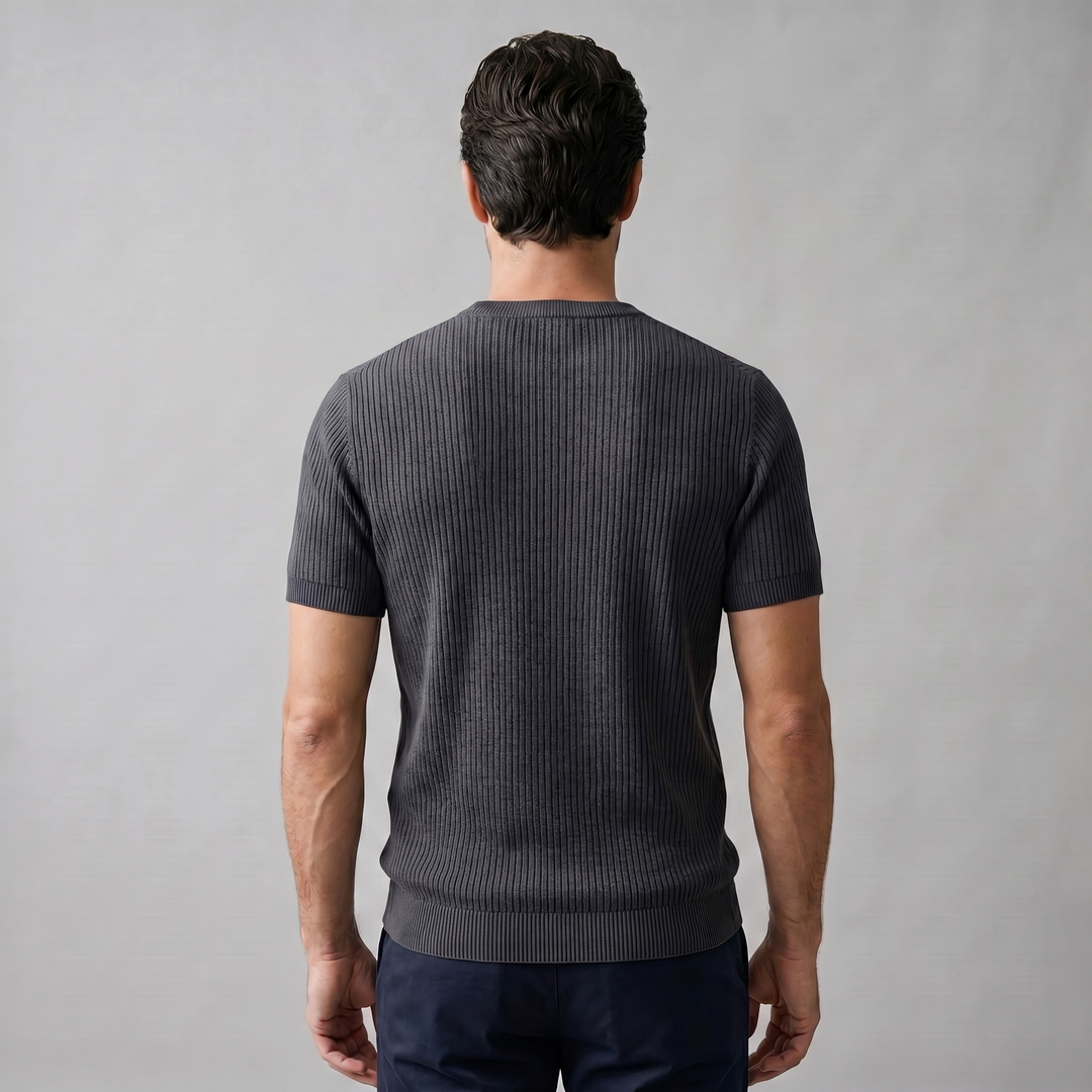 Ribbed Knit T-Shirt Heren Ronde Hals Casual