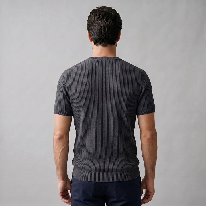 Ribbed Knit T-Shirt Heren Ronde Hals Casual
