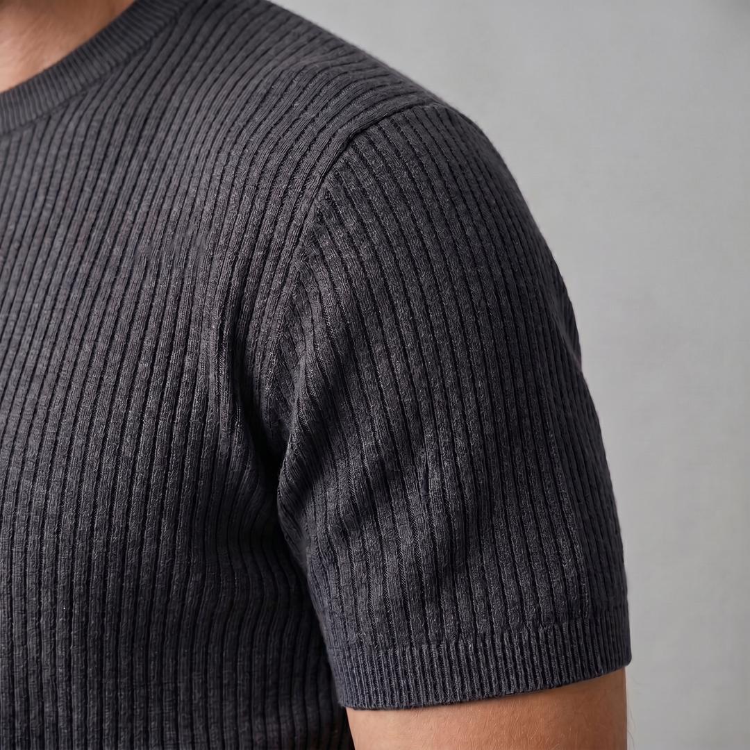 Ribbed Knit T-Shirt Heren Ronde Hals Casual