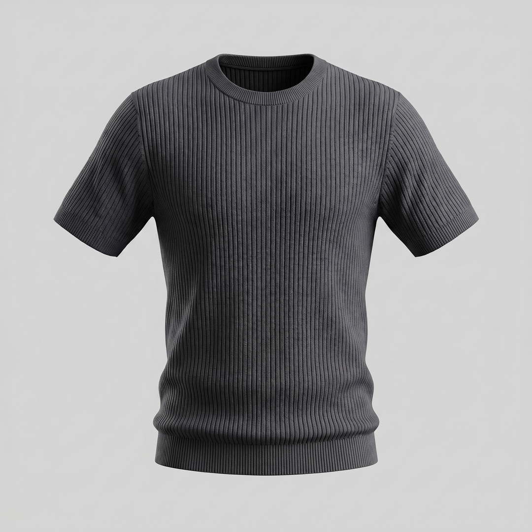 Ribbed Knit T-Shirt Heren Ronde Hals Casual