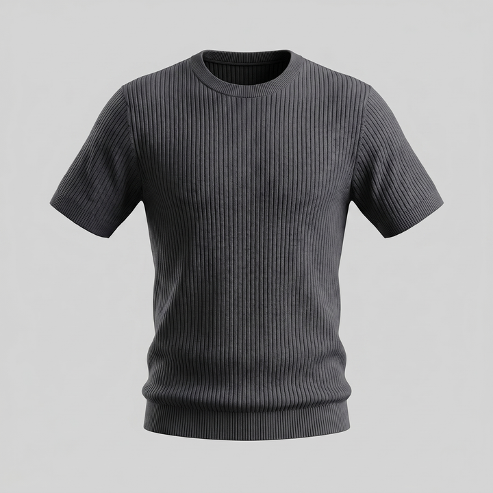 Ribbed Knit T-Shirt Heren Ronde Hals Casual